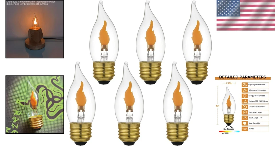 Realistic Flickering Candle Bulbs, Warm Amber Glow - 6 Count - Image 2 of 4