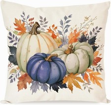 Fall Pumpkin Throw Pillow Cover, 18 x 18 Inch Thanksgiving Orange White Green...