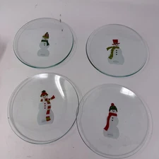 The Pampered Chef Snowman Round Appetizer Plates Set of 4 Clear Glass Christmas
