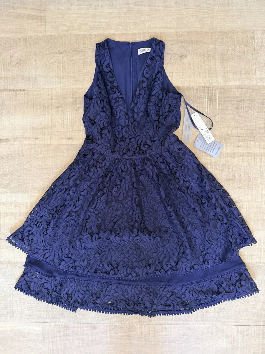 eliza j navy blue lace dress NWT Eliza J Navy Blue Floral Lace Nude Lined Off Shoulder Dress Sz 10 Fit Flare