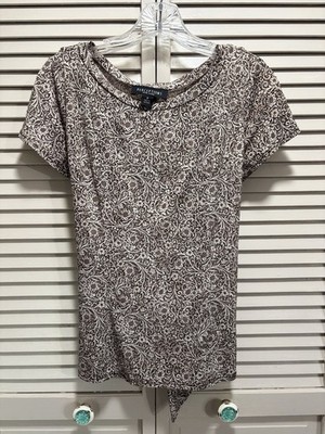 Perceptions Paisley Short Sleeve Round Neck Tie Back Blouse Size 8 Brown Boho