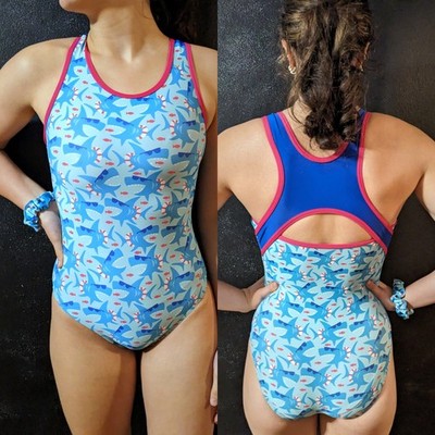Destira Gymnastics Leotard Racerback Fun Shark Print Blue Size CL