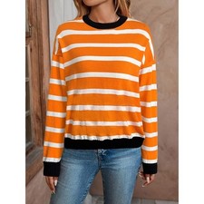 NWT Women Striped Drop Shoulder Sweater Contrast Trim Autumn Cozy Knit Slouchy