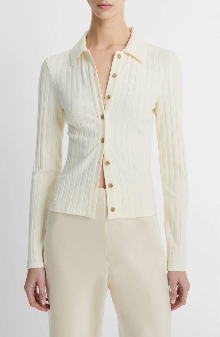 "Vince \"Vanille\" Ivory Rib-Knit Collared Cardigan Sweater Top Woman's XXS NWT"