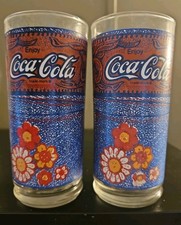 Vtg McDonald's Coca-Cola Coke Glasses 2X Lot Denim Bandana Floral LE Retro 70s