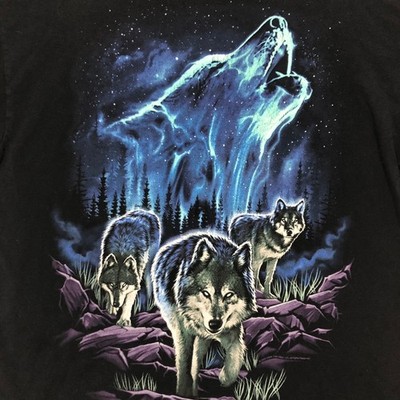 Wolf Howling Aurora Graphic Print Short Sleeve Black T Shirt