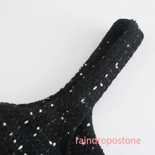 Women's Retro Tweed Black Sleeveless Cutout Dress Pearl Mini Dress Fashion - Picture 4 of 21