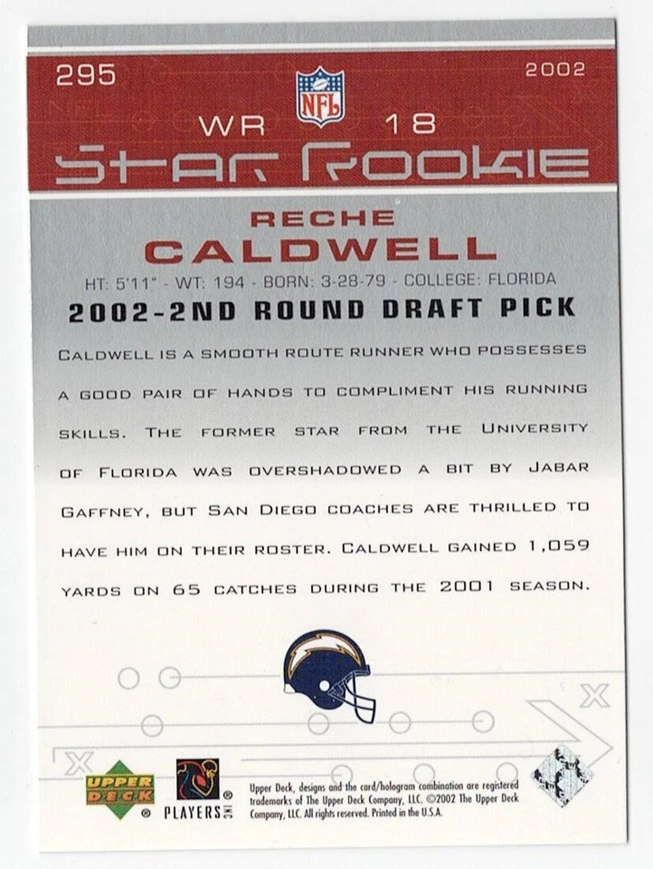 2002 UPPER DECK FOOTBALL RECHE CALDWELL STAR ROOKIE RC #295 NMNT - Image 2 of 2