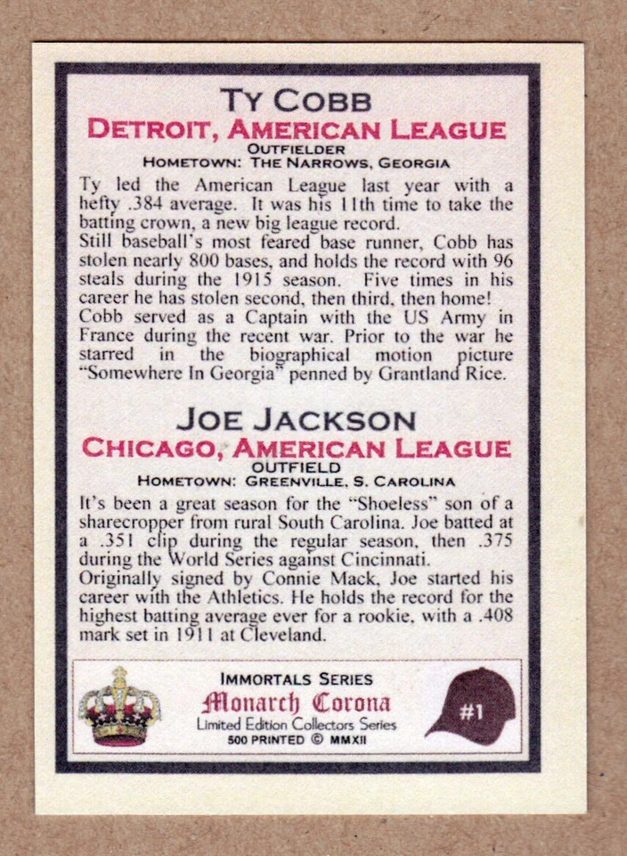 Ty Cobb & Shoeless Joe Jackson '20, Monarch Corona Immortals #1 / Casi nuevo+ estado Foto 2 de 2