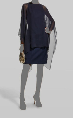 $561 Rickie Freeman for Teri Jon Women's Blue Chiffon Cape Overlay Dress Size 2