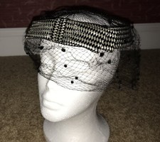Vintage Women's 1950s Black Silver Straw Circle Band Bow Hat Netting
