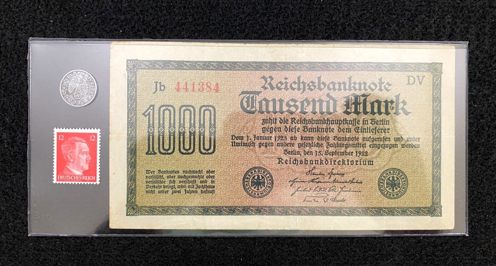 WWII Germany Collectible Set: Rare Coin, Stamp, and 1922 Banknote Memorabilia