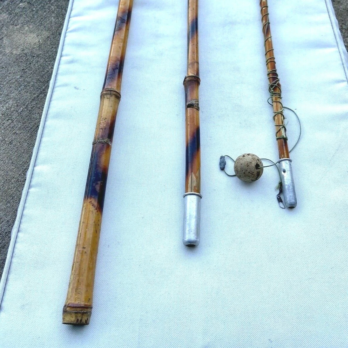 Vintage 3pc Natural BAMBOO Cane Pole Fishing Rod w Line 11 Ft Long