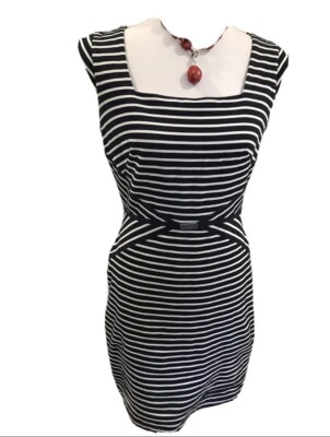 Ann Taylor Size 6 Navy Blue and White Striped Dress *NECKLACE NOT INCLUDED*  | eBay