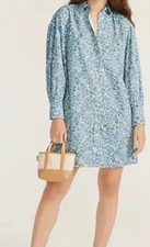 J Crew BA919 Puff Sleeve Cotton Poplin Shirtdress Small Blooming Floral Blues