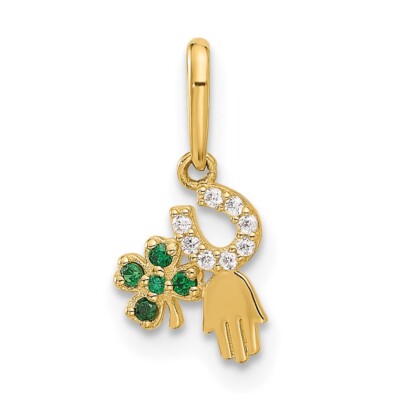 10k Yellow Gold Polished Clover Horseshoe Hamsa CZ Luck Pendant