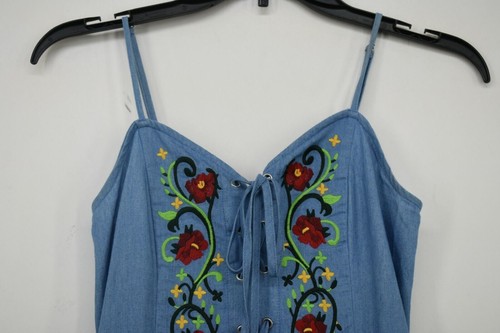 Davi & Dani Womens Medium Denim Embroidered Flower V Neck Sleeveless Dress S - Picture 4 of 7