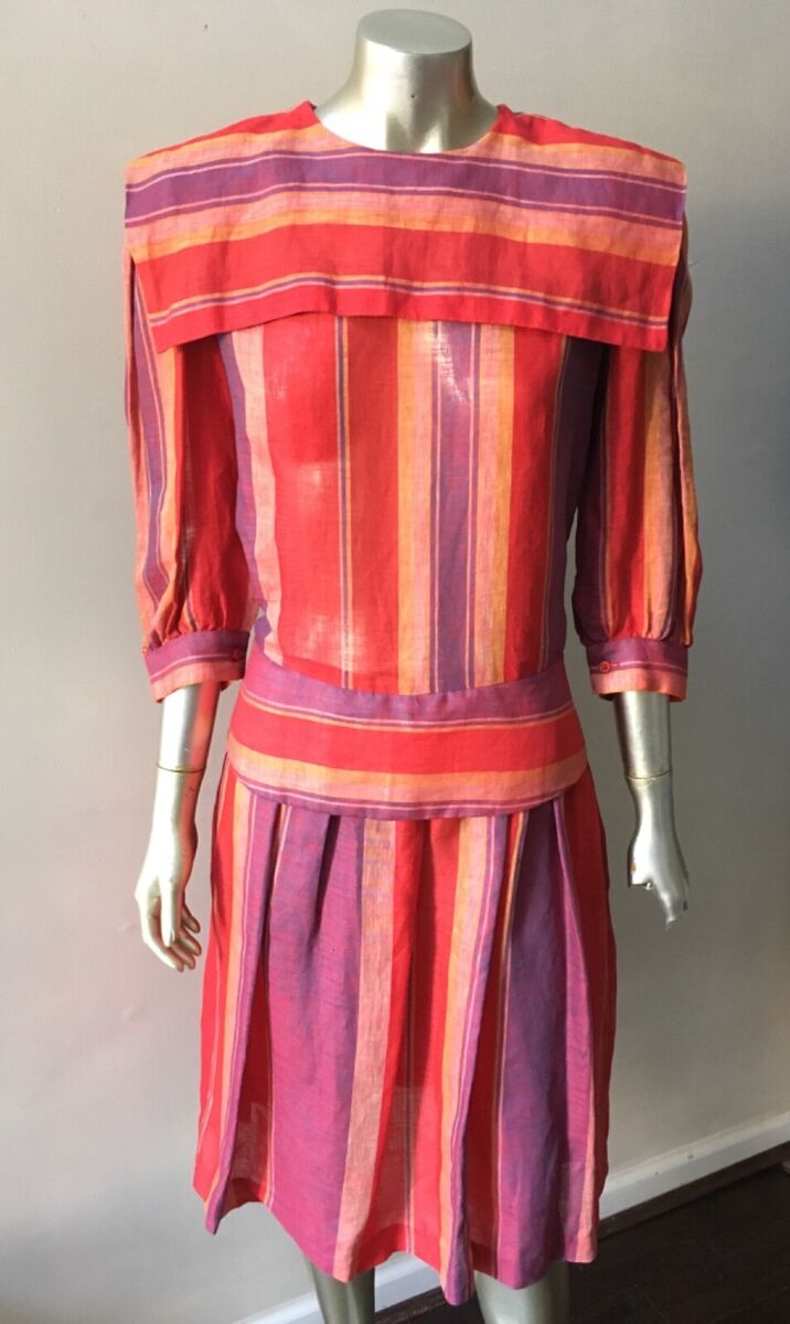 スーツ・フォーマル・ドレス 80s Vintage French Made Back Chain Dress Linen Stripe Vintage 80s Retro Puritan Collar Button Back