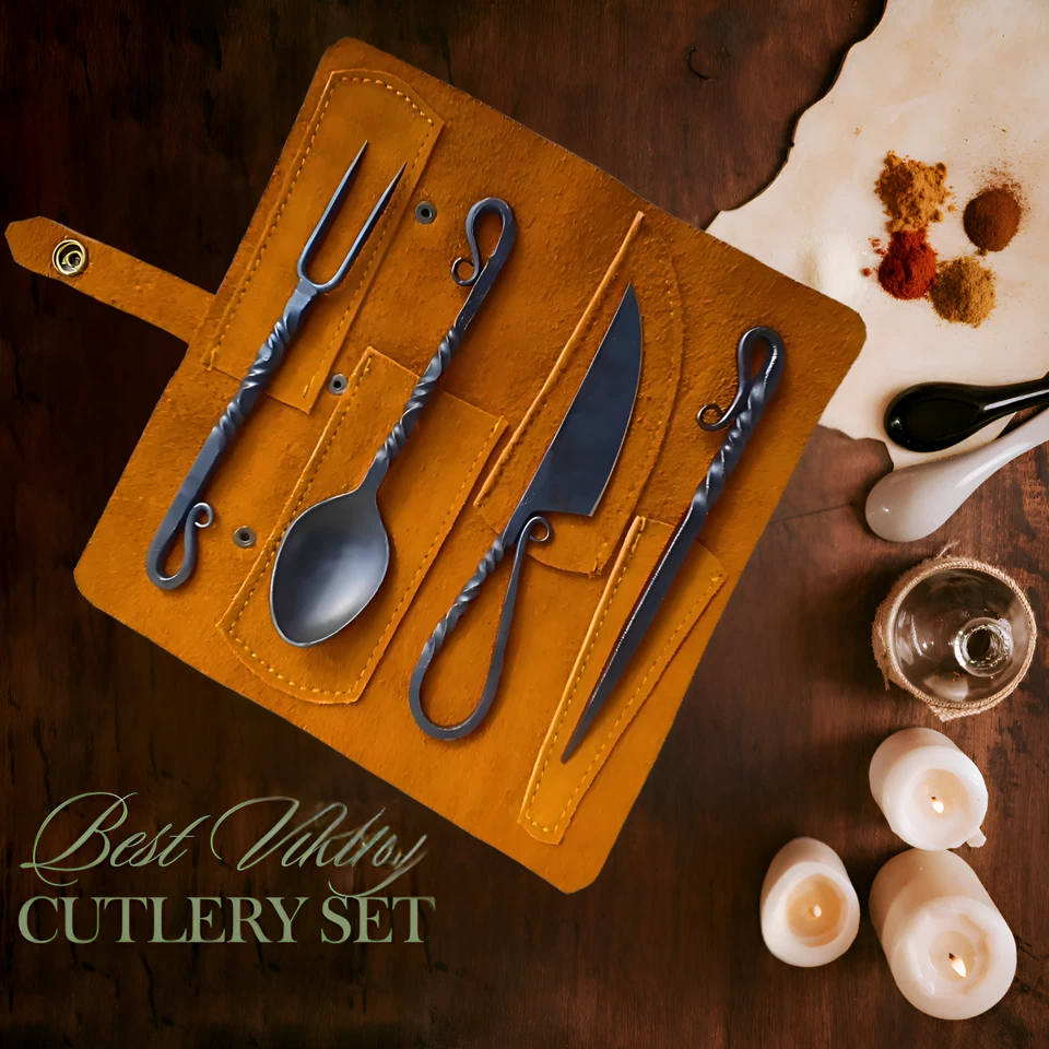 Hand Forged 25Pc Spoon Fork Knife Viking Medieval Feastware Cutlery Set W/ Cover - Image 3 of 4