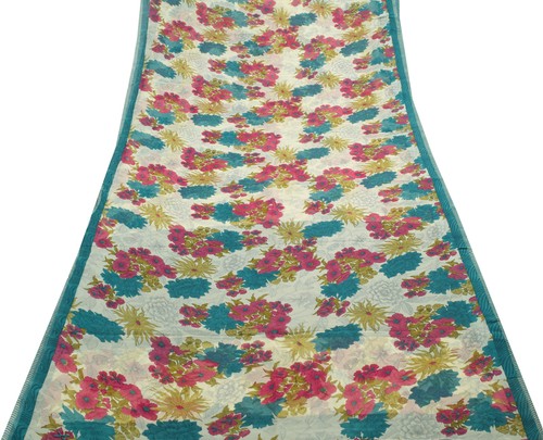 Sushila Vintage Floral Cream Saree 100% Pure Georgette Silk Printed Craft Fabric - Picture 6 of 9