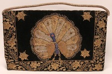 VTG Black Velvet Evening Clutch Bag Purse Hand Embroidered Peacock Design India