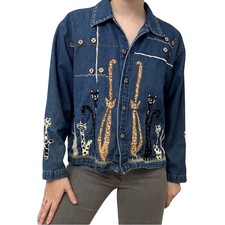 Vintage Jacket Jean Denim Cat Animal Embroidered 90s Kawaii Casual Petite Medium