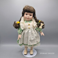 VTG 14" Dark Long Braided Hair Brown Eyed Porcelain Soft Body Doll with Stand