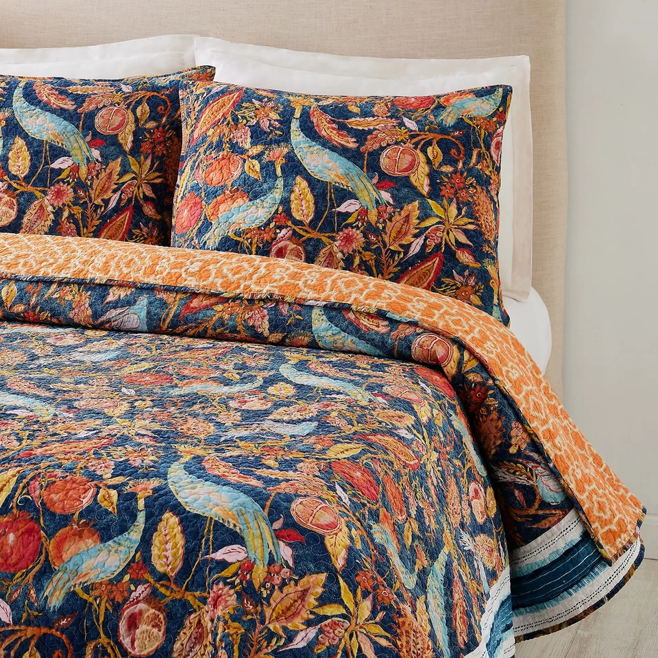 Edredón de jardín de pavo real y 2 fundas, 3 piezas reversible todas las estaciones 100 % algodón... Foto 4 de 4