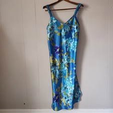 Vintage 90s California Dynasty Blue Floral Satin Slip Dress Nightgown M Long