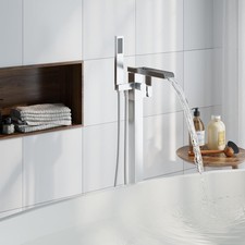 Freestanding Waterfall Tub Faucet Floor Mount Brushed Nickel Hand Shower