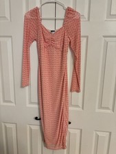Women's Pink Polka Dot Long Sleeve Body Con Mid Length Lined Dress, Sz XS