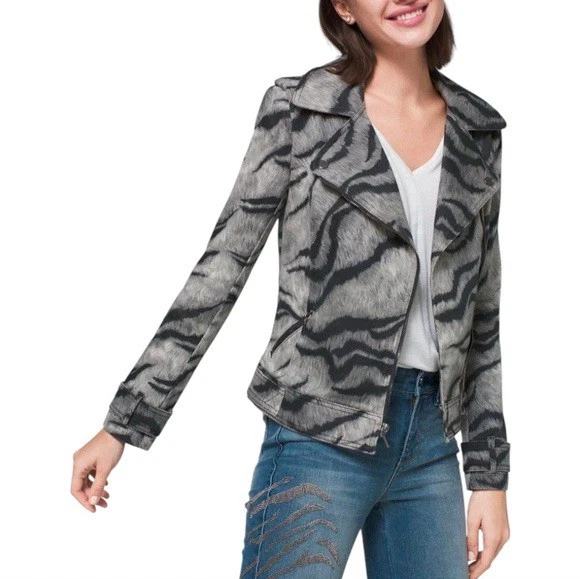 全新 White House 黑色市场 尺寸 4 WHBM 印花摩托车夹克 老虎 灰色/多色 — 第 4/4 张图片