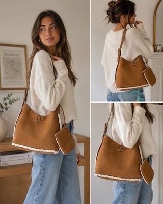 GAP Camel Faux Suede Shearling Trim Slouch Hobo Shoulder Bag w/ Matching Pouch