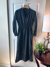 Tahari Black Linen Maxi Dress Embroidered Circle Hem/Cuff Drawstring Waist XS