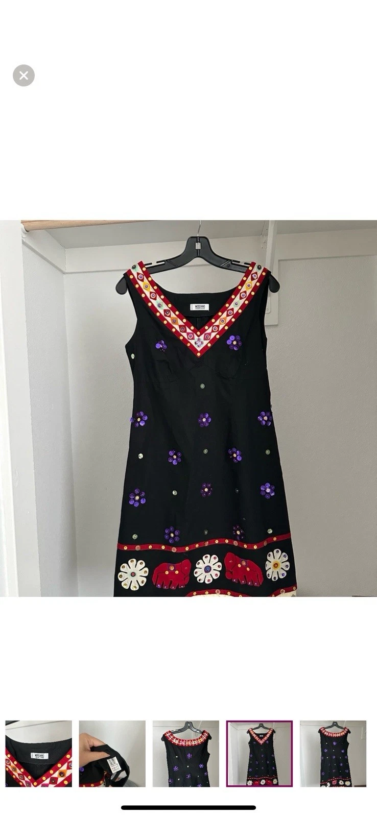 Abito MOSCHINO italiano paillettes elefante fiore applica nero USA 8