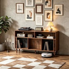 Record Player Stand w/ Charging Station, Vinyl Record Storage Cabinet to 300 CDs
