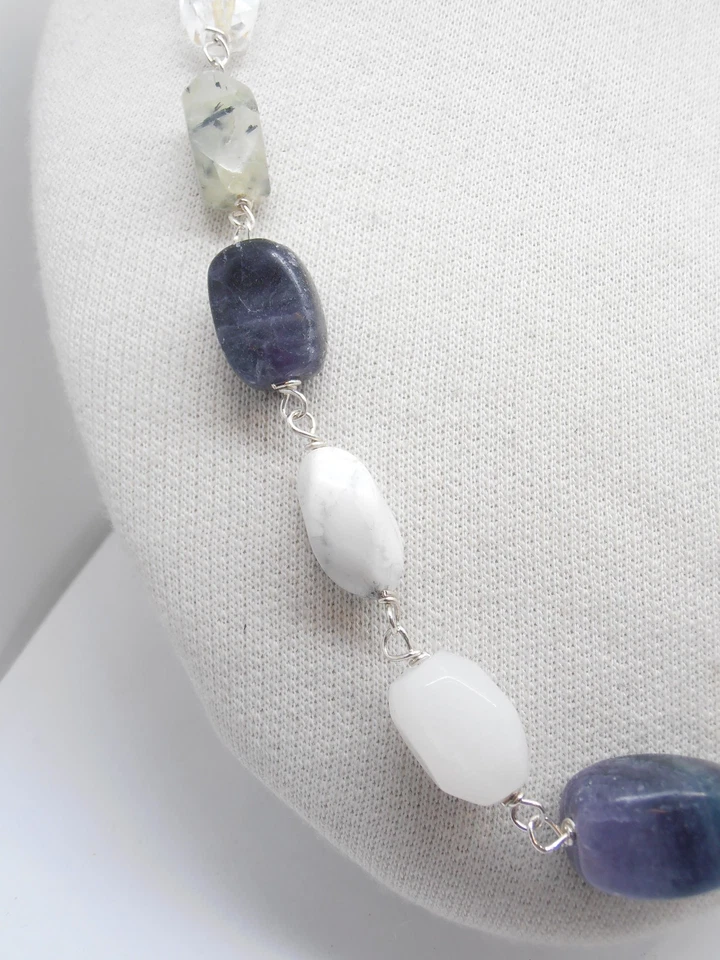 Collana in Argento 925 e Pietre Dure Naturali - Girocollo Fluorite Agata Quarzo - Immagine 2 di 4