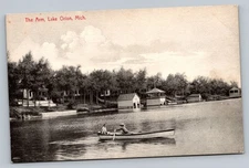 c1910 The Arm Lake Orion Michigan MI Row Boats Camps Vintage Postcard