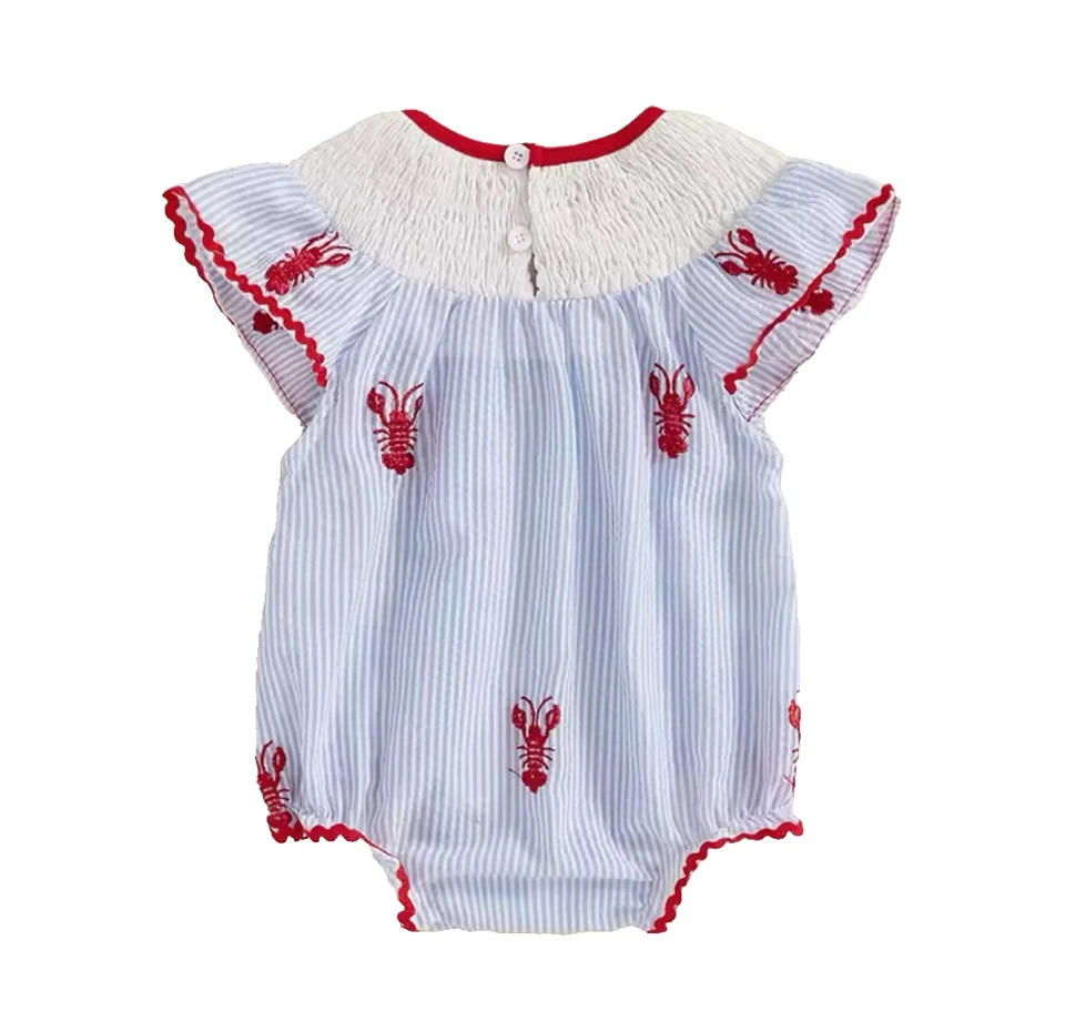 Mameluco azul a rayas langosta, bebé niña, bordado, 0-3 meses Foto 2 de 3
