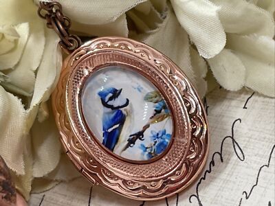 Rose Gold Blue jay Bird Victorian Brass Locket Necklace Pendant Wedding Mother