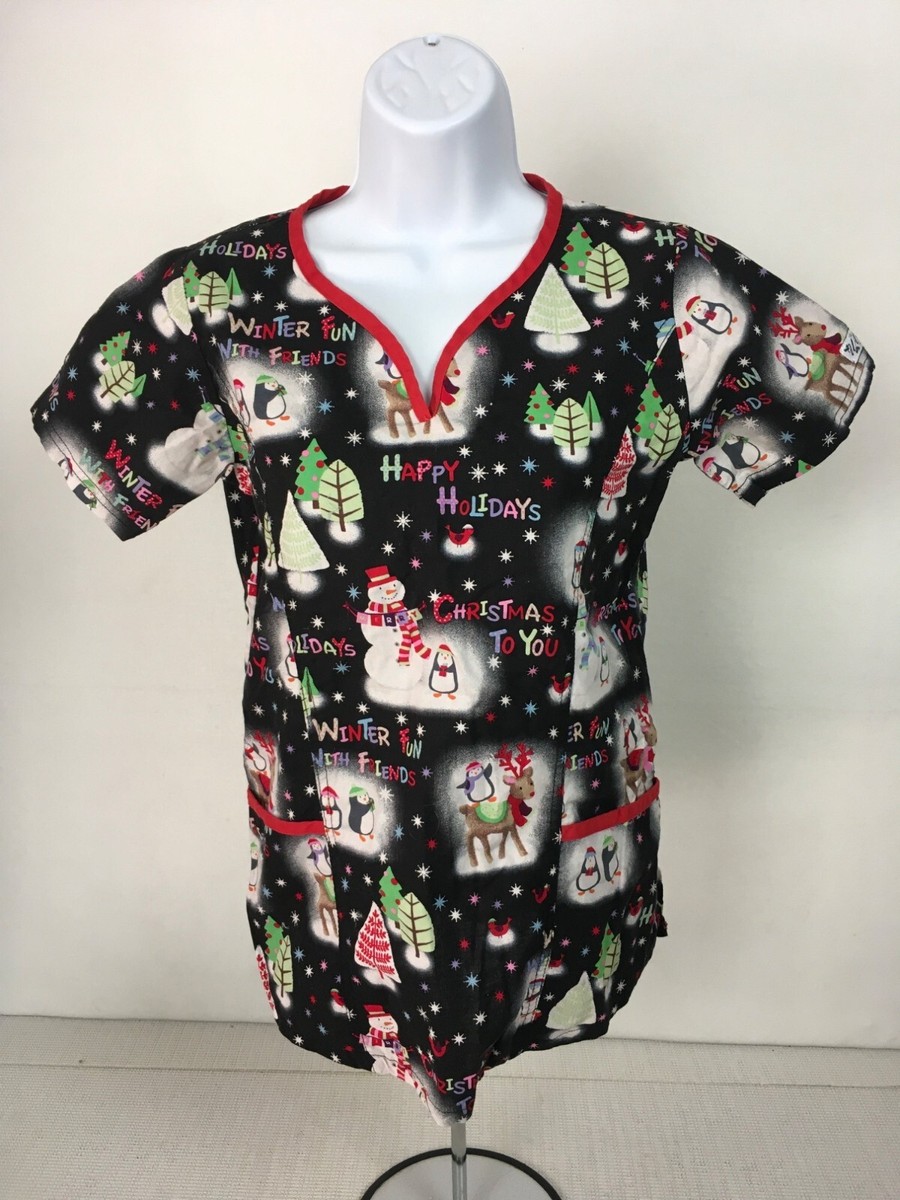 UA Scrubs Womens Scrub Top Size S Black with Penguins Reindeer