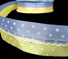 5 Yards Pastel Baby Blue Yellow Polka Dot Scalloped Center Wired Ribbon 1 1/2"W