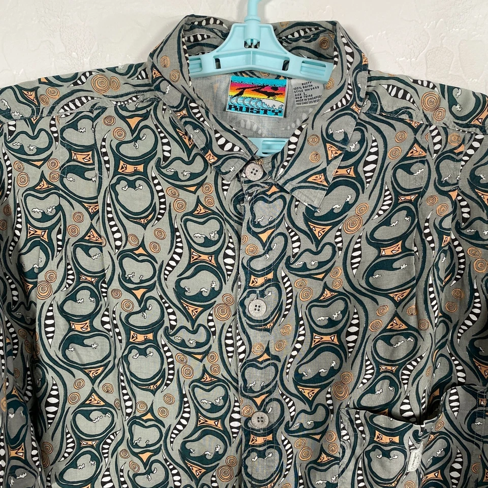 Vintage Rusty Shirt Mens Large Gray Rayon Button Up Hawaiian Abstract Beach Surf - Image 2 of 4