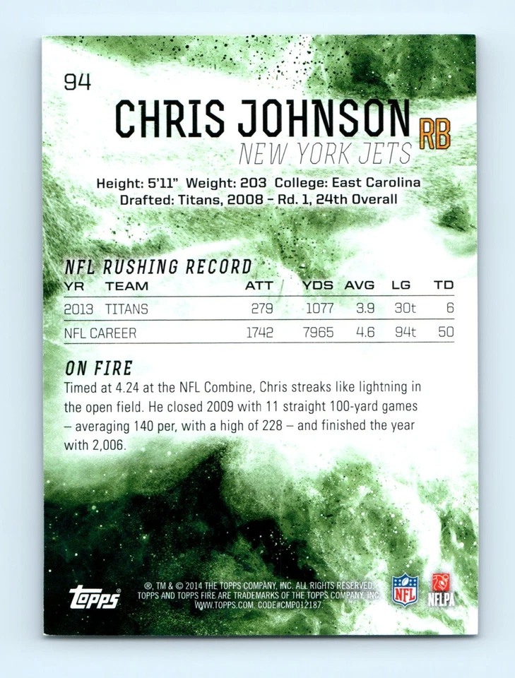 2014 Topps Fire #94 Chris Johnson Gold #/50 - Image 2 of 2