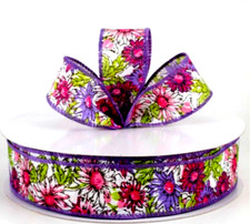 Easter Pink Purple Floral 1.5" by 2 yds Watercolor Look on White Wired Ribbon