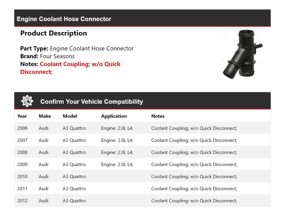 Conector de manguera de refrigerante del motor Audi A3 Quattro 2006-2012 4 estaciones 2007 2008 Foto 2 de 4