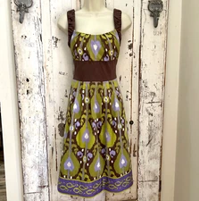 JAX Size 4 Woman's Green Brown Purple Ivory Sleeveless Cotton Party Dress