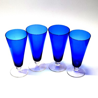 Spectrum Cobalt Blue Hand Blown Soda Fountain Glasses 7'' Set of 4