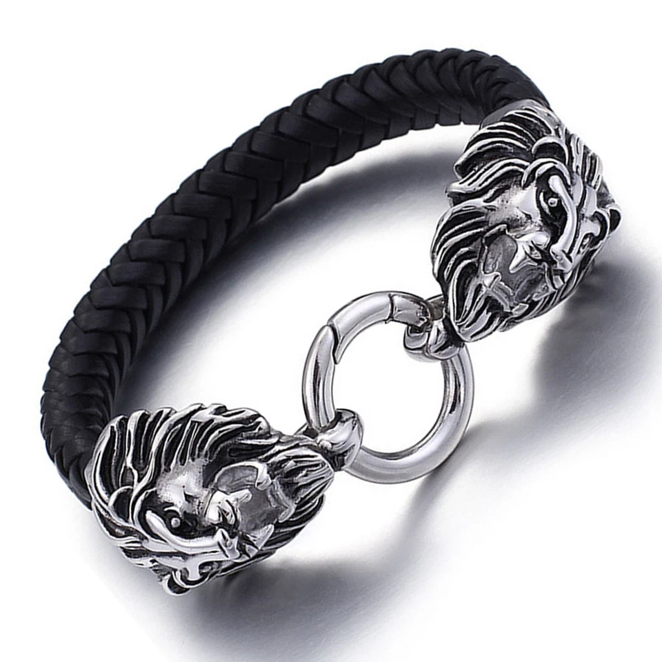 8.46" Stainless Steel Lion Head Braided Black Leather Bracelet for Fashion Men - Image 2 of 4