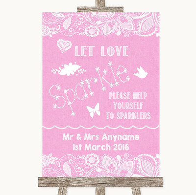 Personalisiertes Hochzeitsschild rosa Sackleinen & Spitze Let Love Sparkle Glitzer Absenden